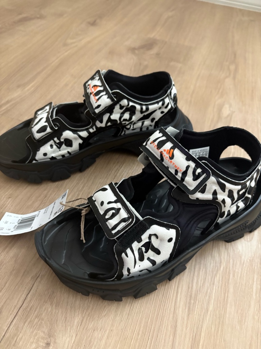 Adidas by Stella McCartney hika outdoor sandals in white/black animal print